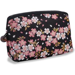 京都藝美堂 Nishijin Woven Cosmetic Pouch Japanese Pattern, Made in Japan, Black (Sakura design)