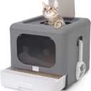 Foldable Enclosed Cat Litter Box with Front Door & Top Entry, Pull-Out Drawer Type, Cat Toilet with Lid, Easy Cleaning and Anti-Splashing Litter Tray with Plastic Scoop (Grey)
