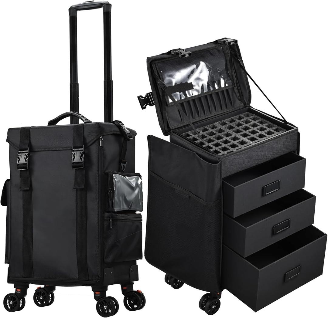 Stagiant Rolling Makeup Case 4 in 1 Soft Sided Professional Cosmetology Case on Wheels Freelance Makeup Artist Nylon Cosmetic Organize Storage Nail Technician Hair Stylist 3 Drawers Black
