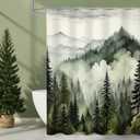 Dark Green Misty Pine Forest Shower Curtain, Mountain Foggy Woodland Scenery Tree Shower Curtains for Chic Rustic Bathroom, Abstract Modern Waterproof Nature-Themed Decor, 72x72 Inches