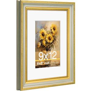 9x12 Picture Frame for 6x8 Photo with White Mat, HD Real Glass 9x12 Vintage Photo Frame with Gold Green Texture Border Horizontal & Vertical Display for Tabletop or Wall Decor (1 Pack)