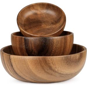 Acacia Wood Salad Bowl Set, 3-Piece Natural Solid Wood Serving Bowls, Handcrafted & Hand-Polished, Wooden Salad Bowls for Kitchen & Dining for Pasta, Yogurt, Fruit, Snacks & Gift Giving