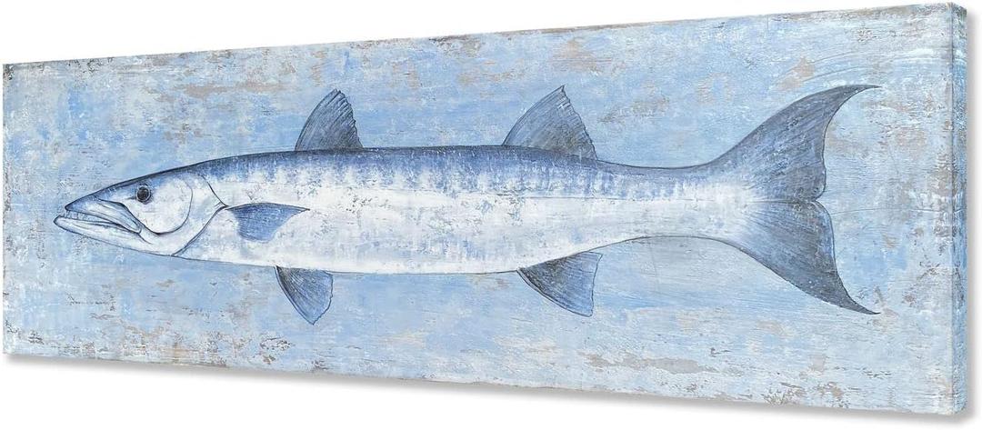 Yihui Arts Blue and White Fish Canvas Wall Art  Coastal Paintings with Textured for Living Room Bedroom Bathroom Decor
