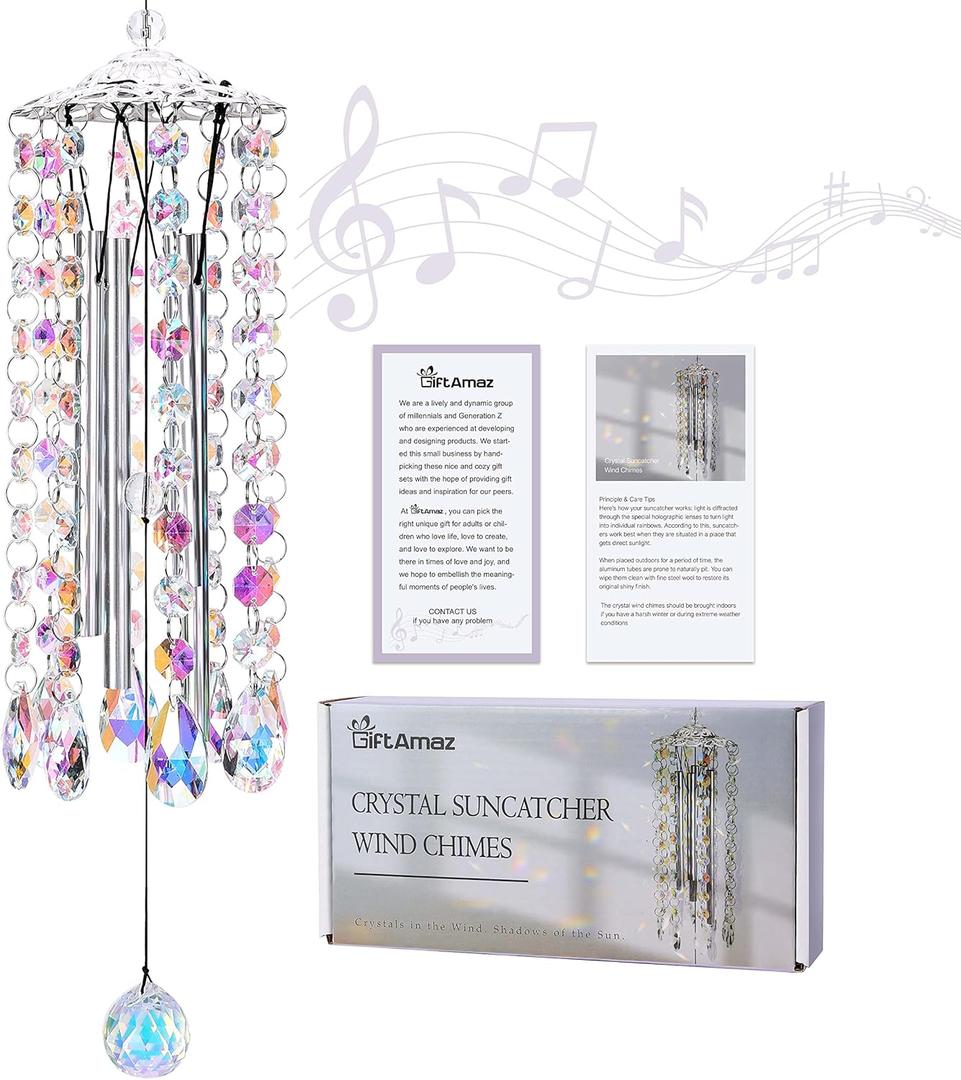 Crystal Suncatcher Wind Chimes with 4 Tuned Tubes, Hanging Prism Rainbow Maker Chandelier Crystal Pendant Wind Chime Window Hanging Ornament Gift for Women Friends Home Garden Decor Birthday