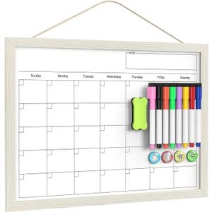 Calendar Whiteboard for Wall, 17x13 Inches Dry Erase Calendar for Wall, Small Magnetic Monthly White Board with Wood Framed, Hanging Dry Erase Board for Kitchen Home Office School Planner