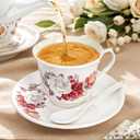 WRINGKIT Tea Cups and Saucers Set of 6, 6 Oz Porcelain Floral Tea Cups with Spoon, Bone China Coffee Cup Saucer Gift Set for Cappuccino, Espresso, Latte, Cafe Mocha, Microwave Safe
