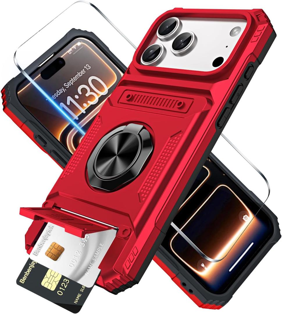 For iPhone 17 Pro Max Wallet Case with Card Holder + 1 Screen Protector, (2 Cards) & 360Ring Kickstand Military Grade Drop Shockproof Rugged Case for iPhone 17 Pro Max 6.9"(Red)