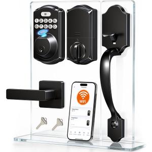 Veise VE012W-H WiFi Smart Front Door Lock Set, Built-in WiFi, App Remote & Voice Control, Fingerprint Keyless Entry Smart deadbolt with Handle, Backlit Keypad, Auto Lock, IP55 Waterproof, Matte Black
