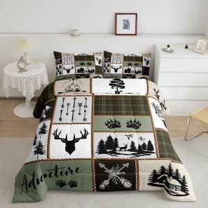 Rustic Farmhouse Kids Comforter Set Twin Size,Deer Antlers Bear Paws Plaids Patchwork Bedding Set for Boys Girls Adults Room Decor,Pine Trees Arrows Down Comforter,Retro Duvet Insert,1 Pillowcase