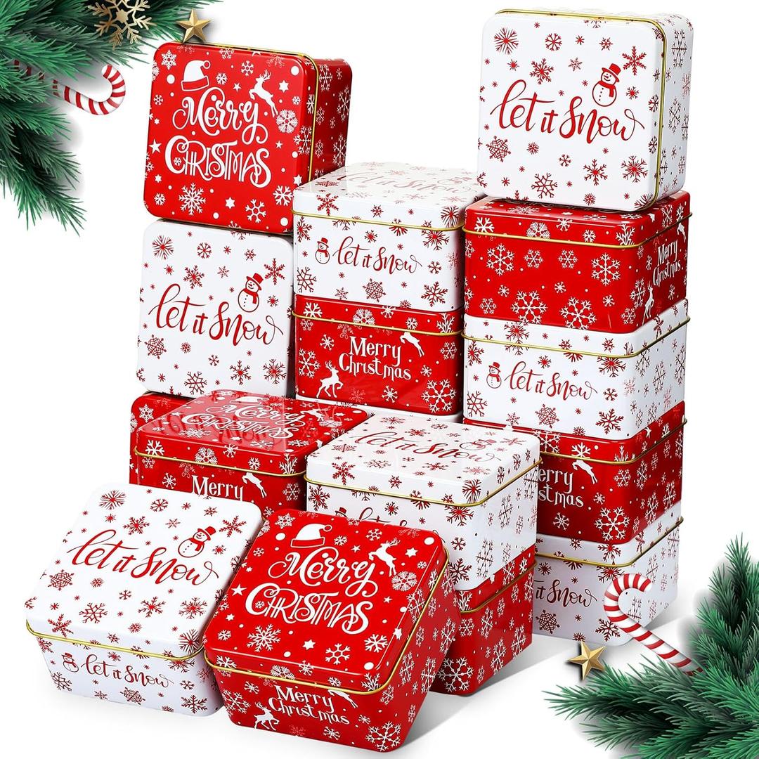Lallisa 24 Pcs Square Christmas Cookie Tin Tinplate Candy Boxes with Lids Large Capacity Holiday Empty Xmas Metal Gift Box Xmas Party Favor Cookie Containers for Storing Candies Biscuits Goody Treat