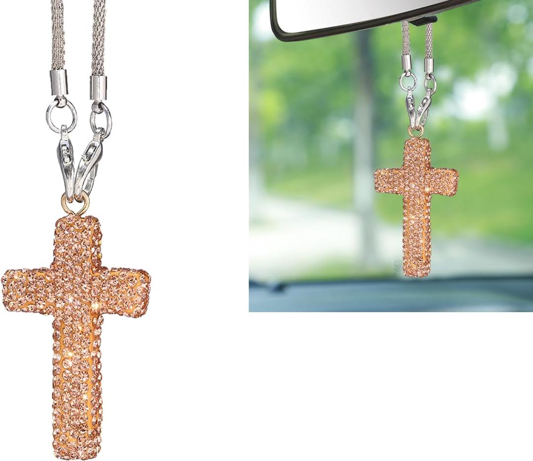 Car Hanging Ornament, Bling Cross Shiny Personality Decorative Rearview Mirror Pendant, Rust-proof and Fade-proof Stainless Steel Multifunctional Charms for Backpacks, for Most Cars (Gold)