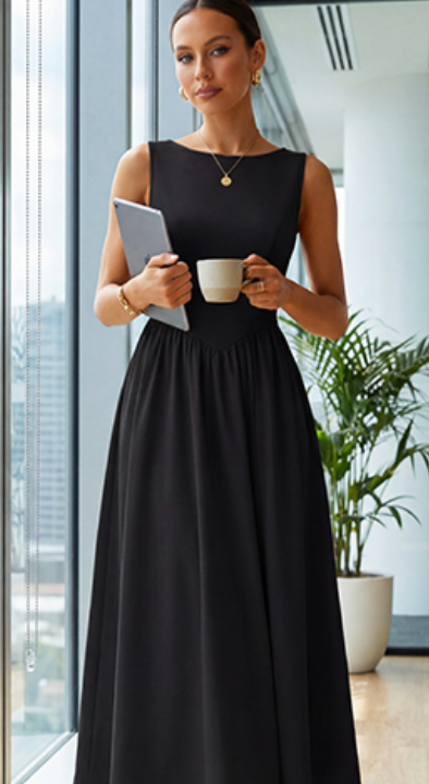 ZESICA Women's Spring Sleeveless Cocktail Dresses 2026 Summer Crewneck Flowy Wedding Guest Party A Line Midi Dress Black Large