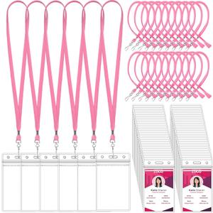 Marspark 100 Set Lanyards with ID Holder Clear ID Badges Bulk for Cruise Ship Cards, Essentials for Carnival Waterproof Plastic Card Holders for Adults Kids Business School Office Supplies (Pink)