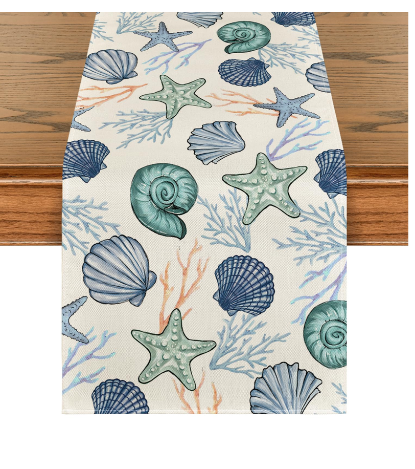 Artoid Mode Sea Grass Conch Starfish Ocean Summer Table Runner, Seasonal Kitchen Dining Table Decoration for Home Party Decor 13x36 Inch