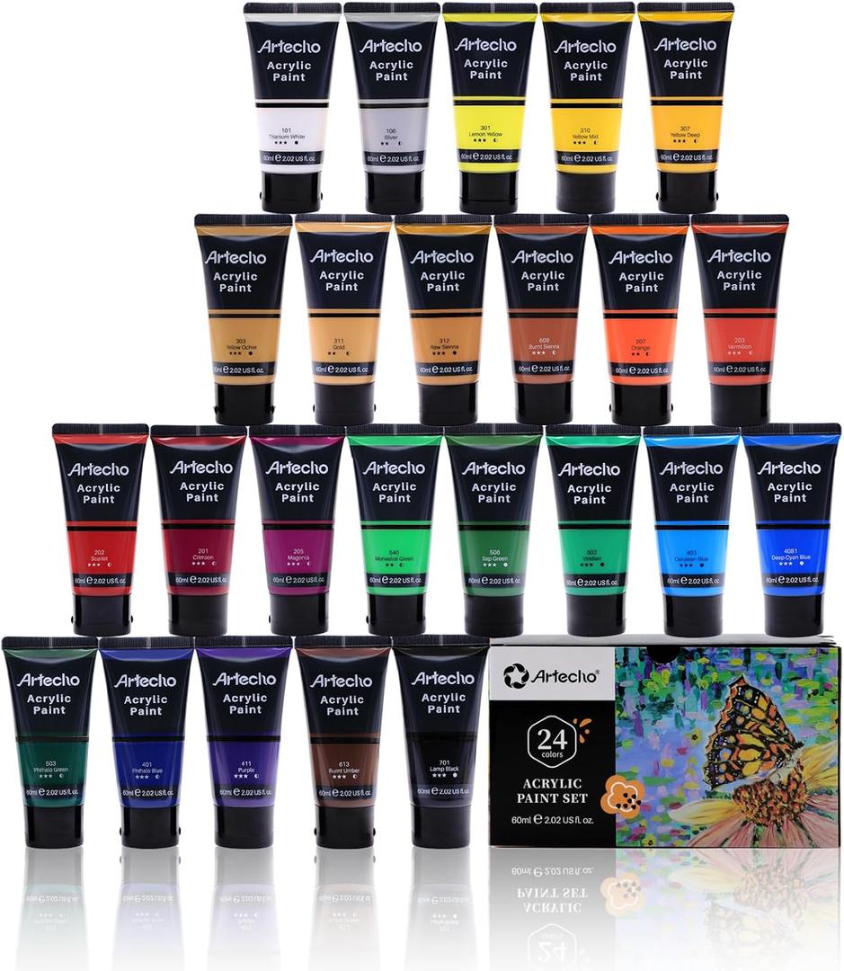 Artecho Professional Acrylic Paint Set, 24 Basic Colors Tubes (60ml / 2.02oz) Art Craft Paints for Canvas, Rock, Wood, Fabric, Art Supplies, 48.48 Fl Oz