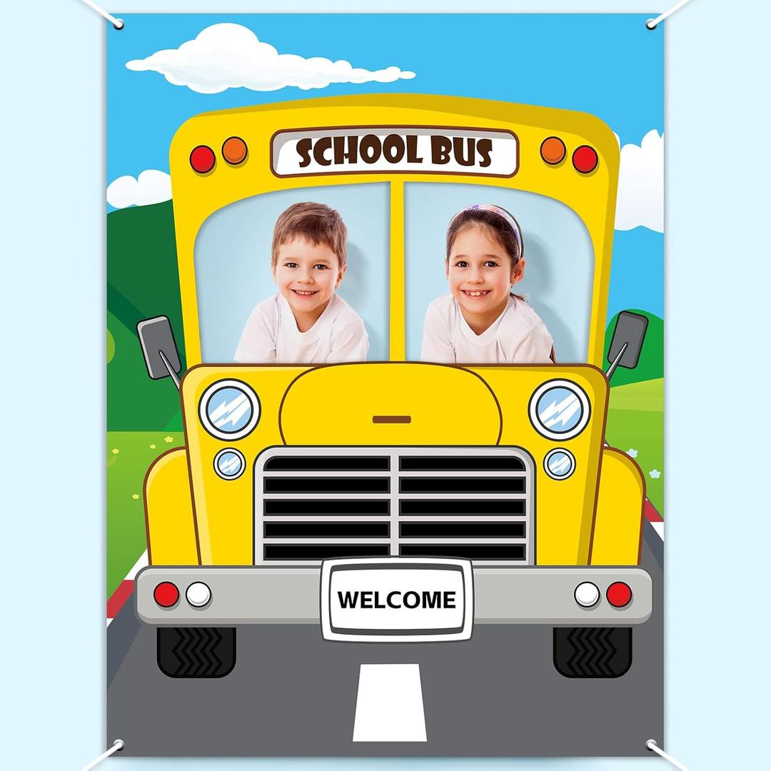 School Bus Photo Prop Back to School Party Decorations Large Fabric School Bus Van Prop Selfie Frame Backdrop Background Banner Birthday Party Supplies The Bus Party Sign Favors 63x 47.2 Inch