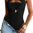 OYOANGLE Women's Metal Ring Linked Criss Cross Cut Out Bodysuits Sleeveless Fitted Body Suit Tops (Black)