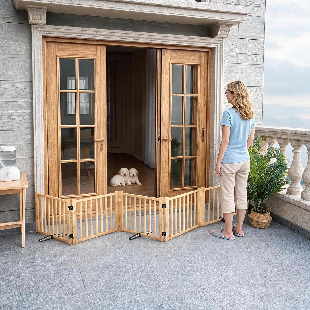 YOCAN Paint-Free Wooden Freestanding Dog Gates for The House,Doorways, Stairs,Wood Dog Fences Indoor Pet Gate,Step Over Fence, 5 Panel H:16.9''