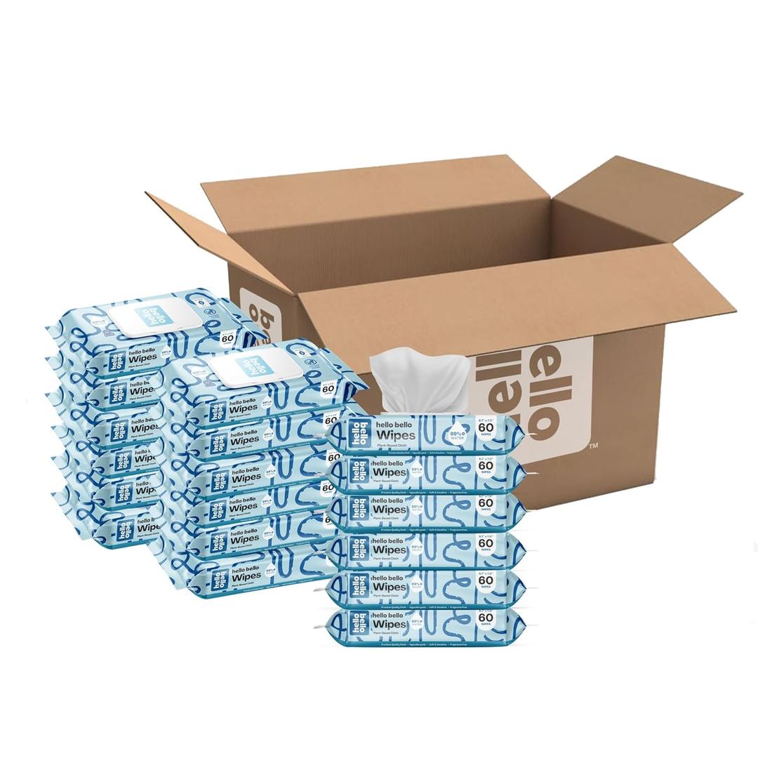 Hello Bello Extra Gentle Unscented Baby Wipes, Plant Based, Made with 99% Water and Aloe for Babies and Kids, 1080 Count (60 Count (Pack of 18))