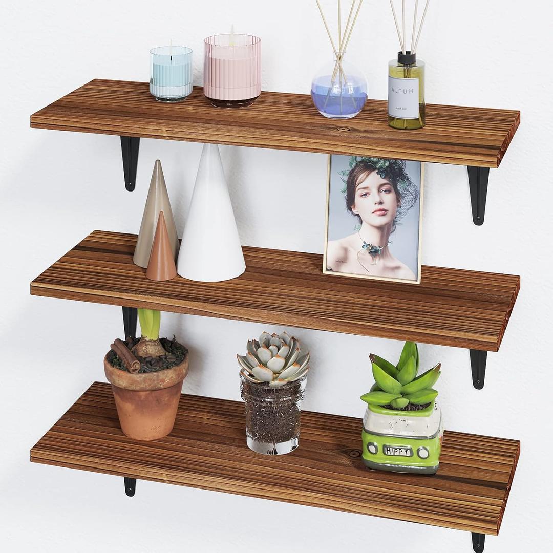 BAMEOS Floating Shelves, Rustic Wood Wall Storage Shelves, Wall Mounted Shelf Organizer Set of 3 for Living Room, Bedroom, Kitchen, Bathroom, Office (Carbonized Brown)