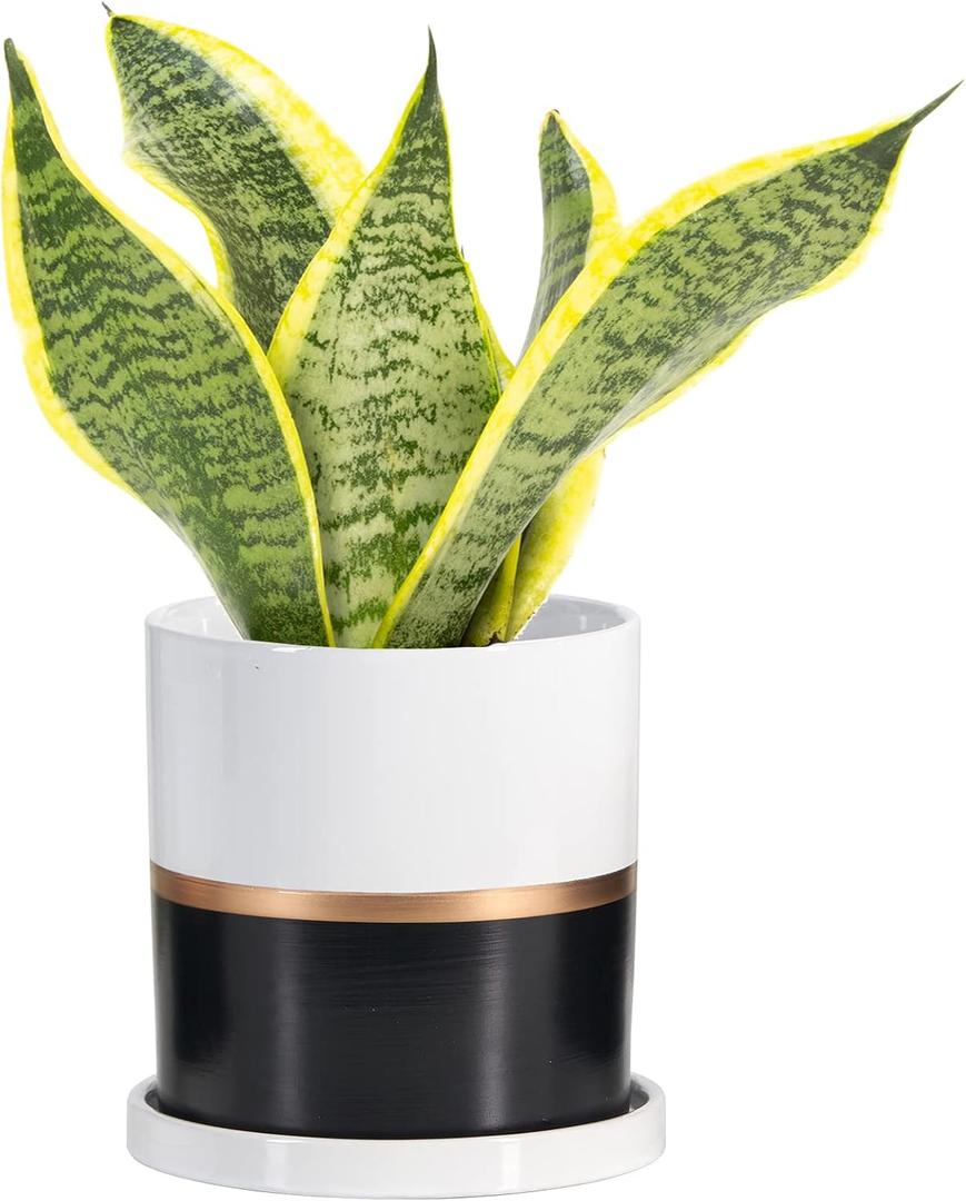 Ekirlin 5 inch Plant Pot - Ceramic Flower Planters Indoor - Modern Succulents Containers with Drain Hole Saucer, Decorate Home, Office & Outdoor (Black)