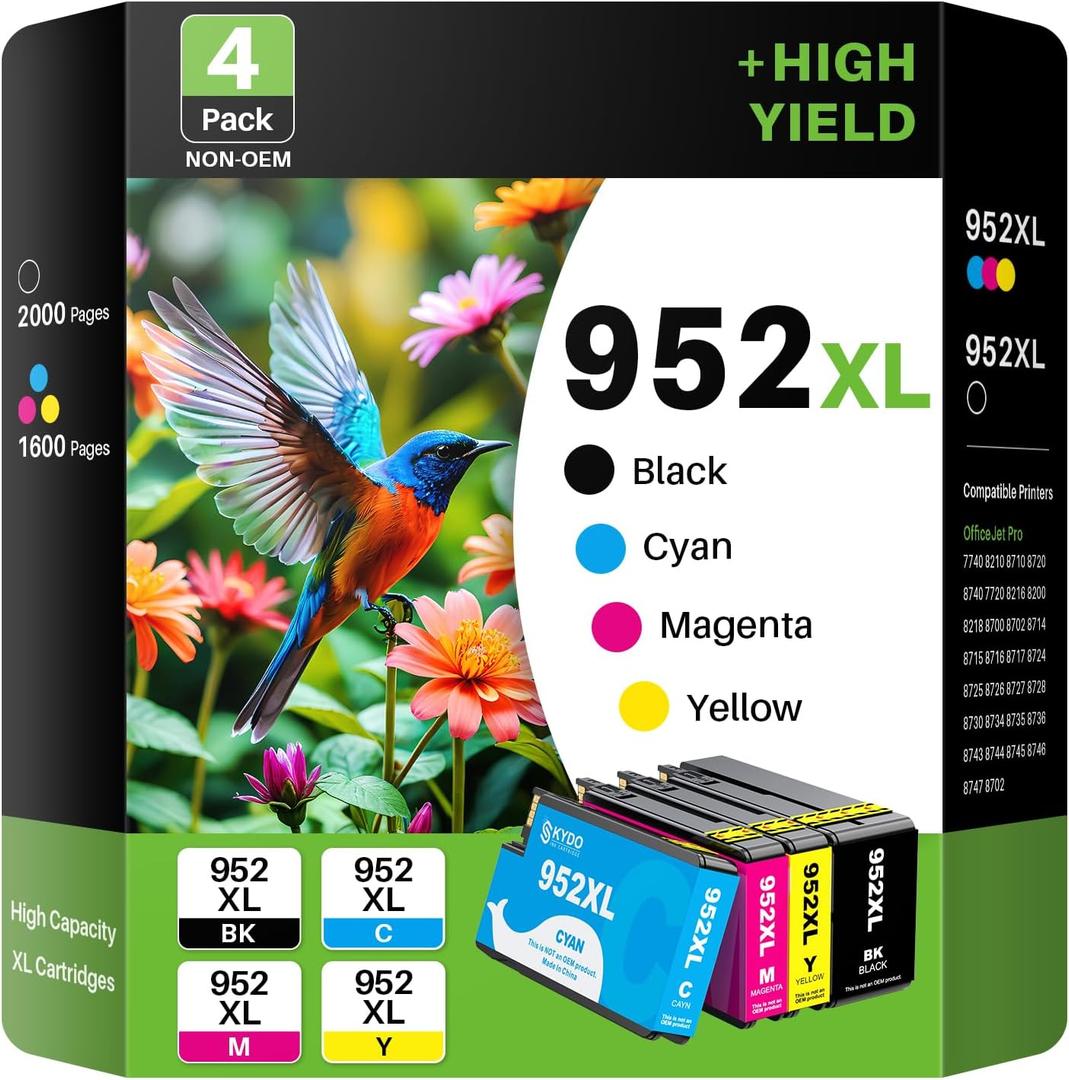 Compatible 952XL Ink Cartridges Combo Pack Replacement for 952 XL Color Cartridge Use with Officejet Pro 8720 8702 8710 7740 7720 8725 8715 8210 8740 (4-Pack, Black,Cyan,Magenta,Yellow)