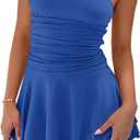 Women Sexy Tube Top Silk Dress Strapless Ruched Basque Waist Ruffle Layer Mini Dress Jumpsuit Party Dresses (Blue, M)