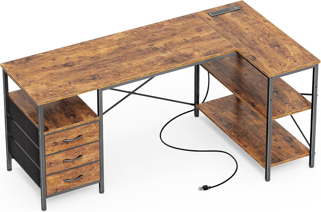 Huuger L-Shaped Office Desk with Power Outlets, 55 Inch Computer Desk with 3 Drawers, Shelves, Reversible for Gaming Corner Work Home Office Study, Rustic Brown