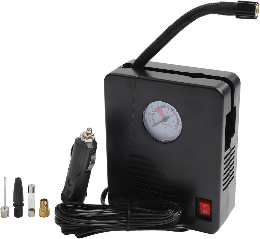 Portable 12V DC Car Air Pump for Tire Inflation Up to 100 PSI with LED Light, 3 Nozzles & Fuse  Compact ABS Tire Inflator for Cars, Bikes, Balls, and Inflatables (Black)