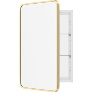 WallByond Bathroom Medicine Cabinet with Mirror, 19x30 Inch Gold Recessed Medicine Cabinet with Round Corner Aluminum Alloy Metal Framed, Single Door Modern MedicineMabinet with Storage