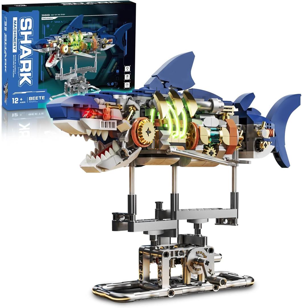 Mechanical Shark Building Block Set with Light, Compatible with Lego Shark, 687PCS Movable Ocean Sea Animals with Display Stand, STEM Fish Toys for Home Office Decor, for Adults Boys