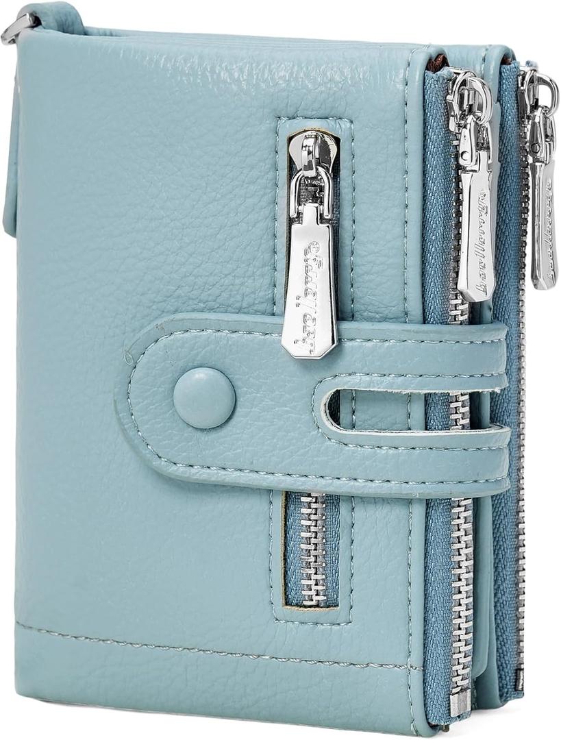 Small Women's Wallet Bifold Card Holder with 2 Zipper Coin Pockets Chain Wallet for Women Soft Leather (A04 Light Blue)