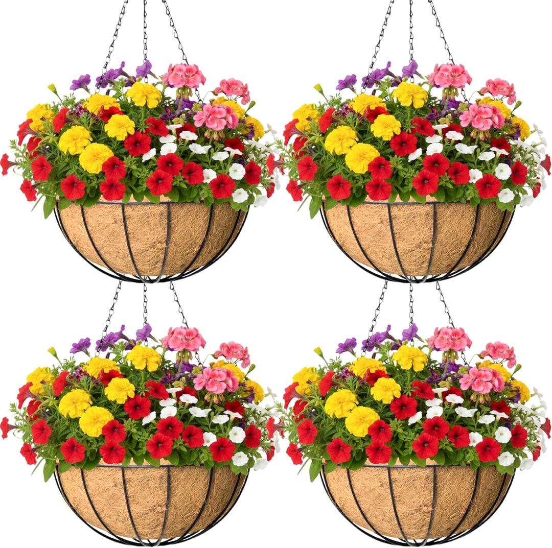 4 Pack 8 Inch Hanging Baskets for Plants Outdoor Metal Hanging Planter Basket with Coco Coir Liner Hanging Flower Baskets Hangings Flower Pots Holder for Garden, Patio(Watermelon)