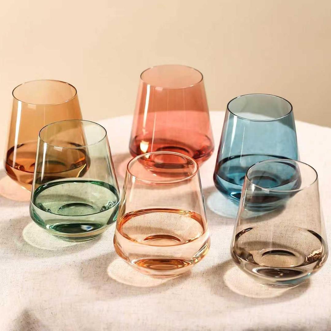 Colored Stemless Drink Cooler Glasses Set of 6 - 17 oz Hand-Blown Crystal Colored Glassware with no Stem, Multicolor Glassware for Lovers, Wedding, Birthday, Valentines's Day Housewarming Gifts for Women