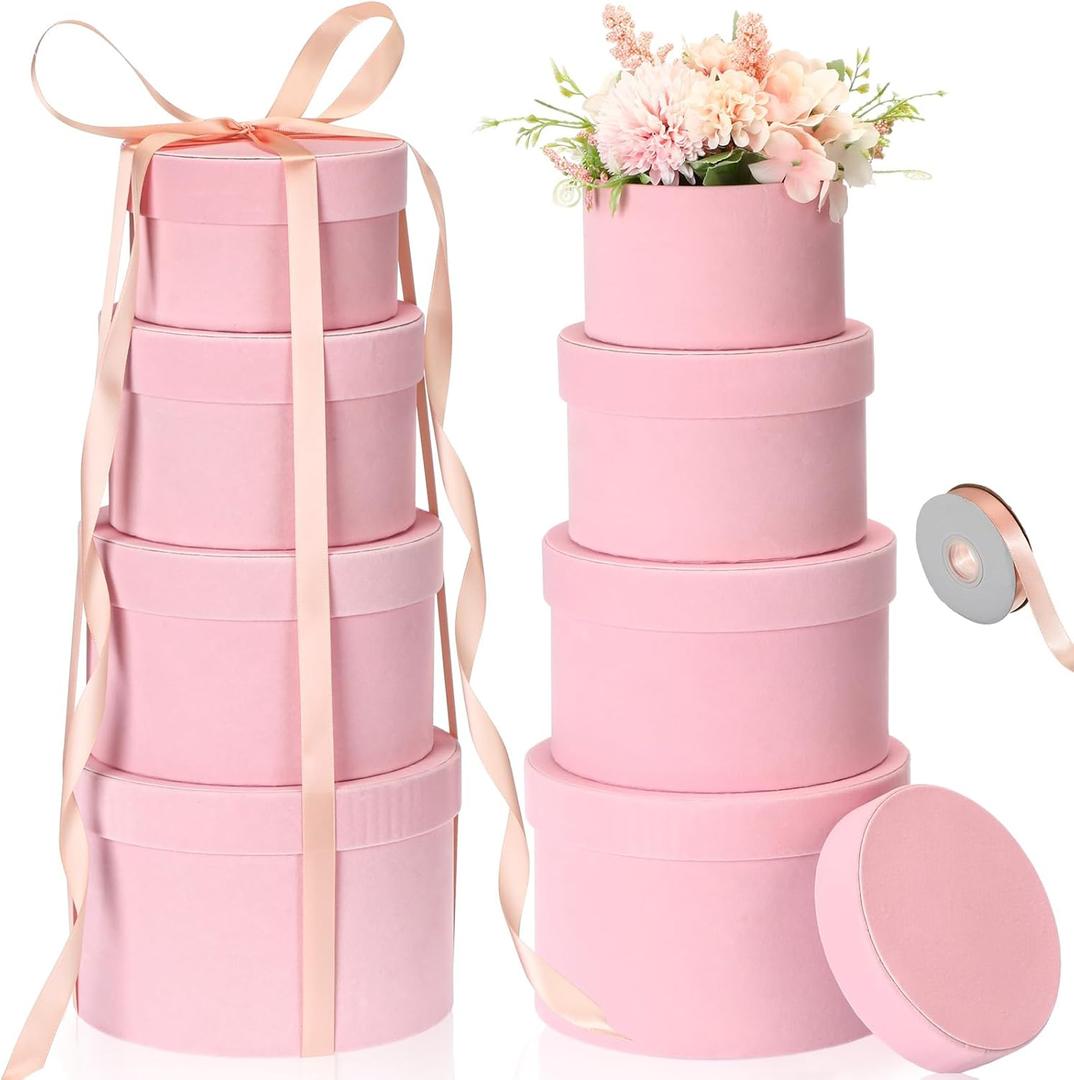 Tenceur 6 Pcs Round Gift Boxes with Lids for Presents Velvet Nesting Gifts Flowers Boxes 4 Assorted Sizes with 1 Roll Ribbon for Christmas Wedding Birthday Party Decoration (Pink)