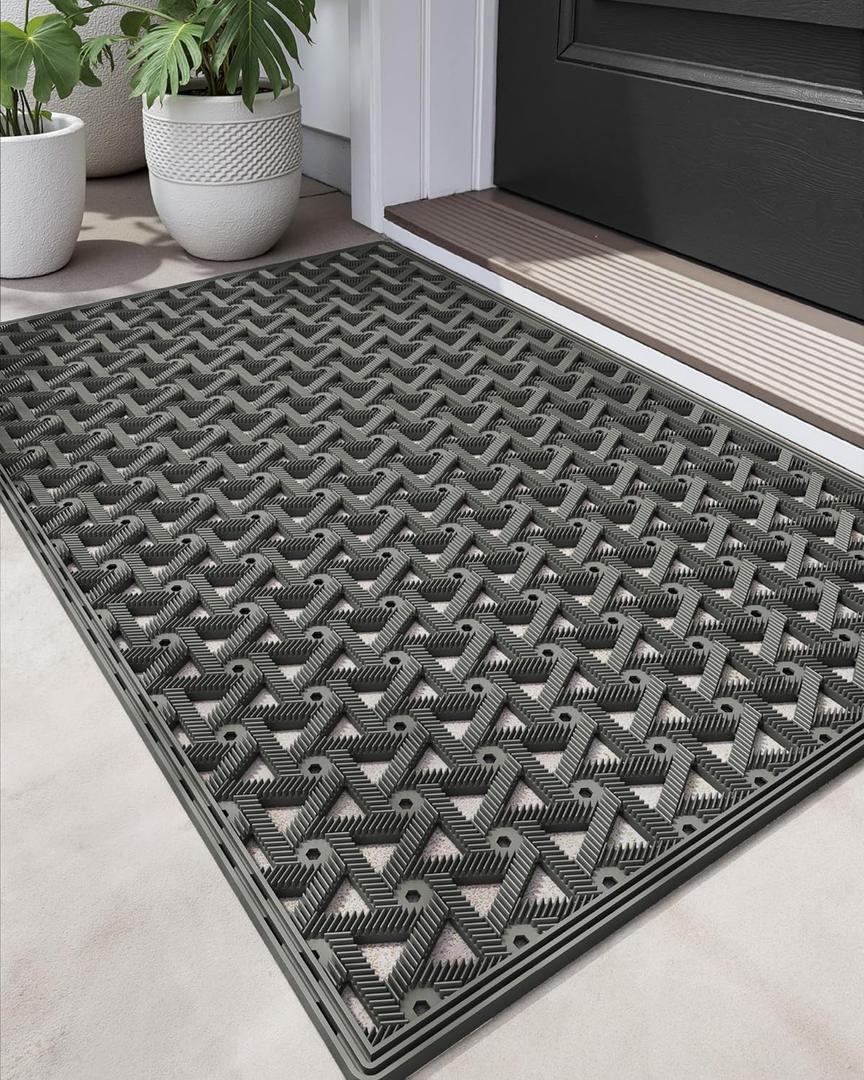 DEXI Front Door Mat Outside Entrance Rubber 24x36, Welcome Floor Doormat Heavy Duty Non Slip, Dirt Trapper Waterproof Exterior Entry Mats All Weather for Patio Entryway Drainage, Grey