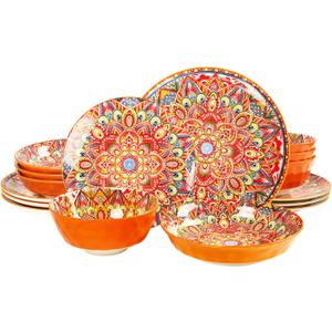 Mandala Dinnerware Sets (16 PCS) Serves for 4, Buffet Dinnerware, Boho Plates and Bowls Set with 8.3" salad Plate 8.6"/10.6"dinner Plate 6.4" bowl, apply Indoor Outdoor Dining