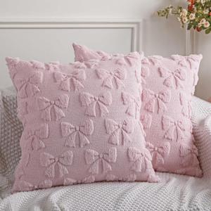 Mixweer Bow Pillow Covers Set of 2 Coquette Room Decor Cute Faux Fur Soft Bowknot Preppy Stuff Fluffy Plush Aesthetic Pillow Covers for Bed Sofa Couch, Fall Christmas Decor(20 x 20 Inch, Pink)