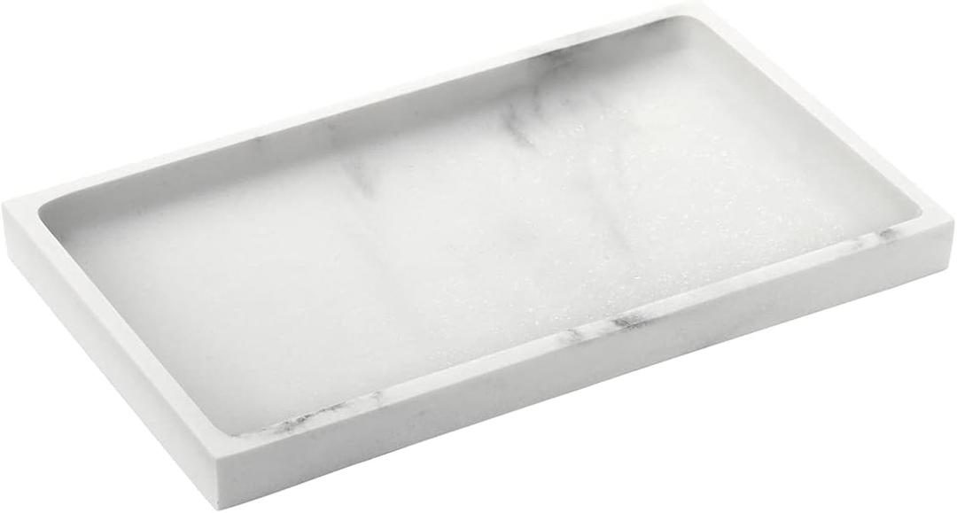 Bathroom Tray, Resin Countertop Vanity Tray Jewelry Storage Dresser Tray Kitchen Toilet Tank Tray Organizer for Candle Plant Perfume Shampoo Towel Home Decor, Medium, Gravel White (10" x 6.1" x 0.8")