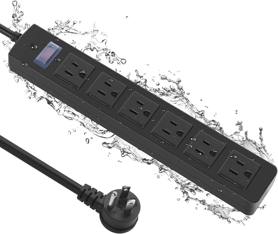 Outdoor Power Strip Waterproof with 6 Outlets, Garden Weatherproof Surge Protector, Christmas Multiple Outlet Exterior Socket for Lighting Appliances. 15FT Extension Cord Strip with Flat Plug. Black