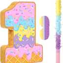 Aoriher Summer Birthday Piata Ice Cream Game Set Summer Number Piata with Bat Stick Blindfold Mask for Sundae Theme Birthday Baby Shower Party Game Supplies Decor(Number 1)