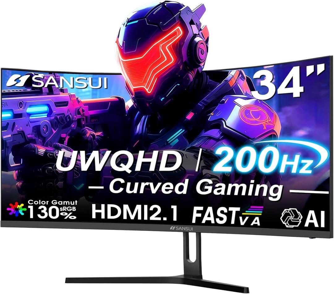 SANSUI 34 Inch UWQHD 200HZ Curved Gaming Monitor, FastVA 3440x1440P Ultrawide 1500R Curved Gaming Computer Monitor 21:9 with PIP PBP, AI Tech Enhance, 2xHDMI2.1 DP1.4 Ports(HDMI2.1 Cable Incl.) (Black)