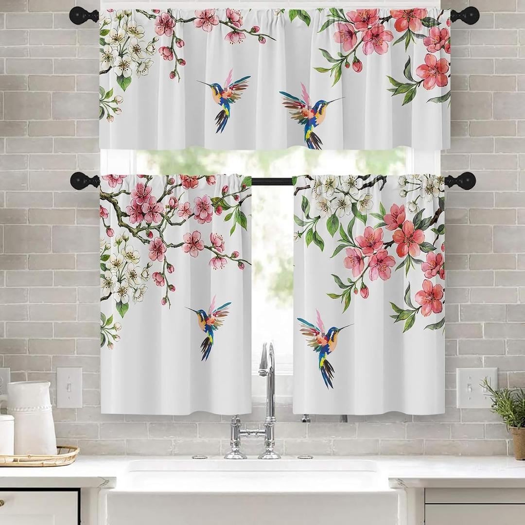 Flower Bird Kitchen Window Curtains Valance and Tier Set 36 Inch, Spring Hummingbird Watercolor Pink Botanical Rod Pocket Short Tier Curtain, Floral Small Cafe Drapes for Kitchen Decor