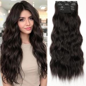 KooKaStyle Clip in Synthetic Hair Extensions Long Wavy 4PCS Thick Hairpieces Dark Brown 6# Fiber Double Weft Natural Hair Extensions 24 Inch for Women