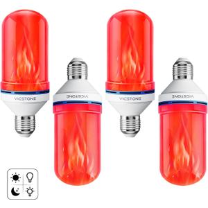 Vicstone Dusk to Dawn LED Flame Light Bulbs Outdoor, 4 Modes E26 Flickering Light Bulbs with Upside Down Effect, Fire Bulb for Halloween Christmas Patio Porch Party Home Indoor Decorations - 4 Red