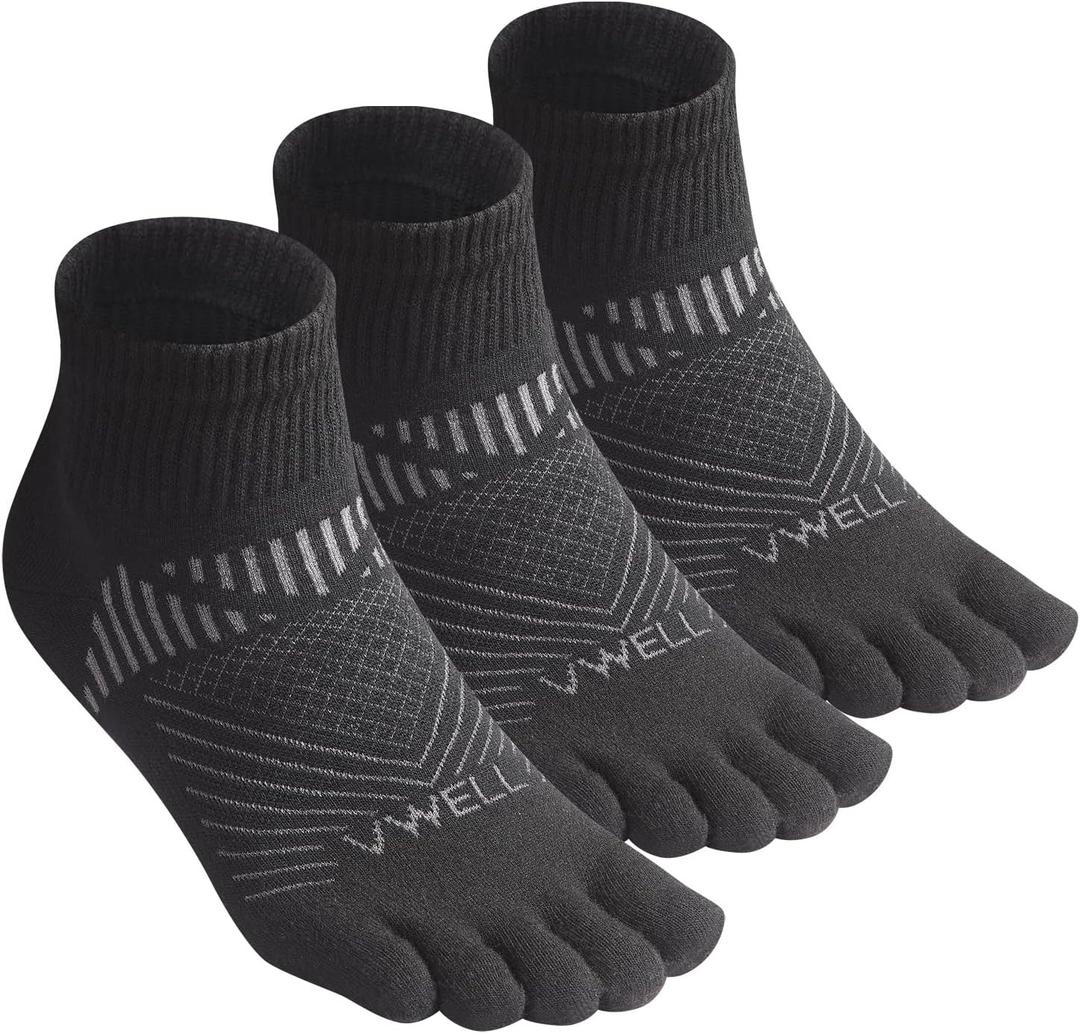 VWELL Toe Socks for Men and Women COOLMAX Five Finger socks Athletic Running Sock Quarter Ankle Toe Socks (3Pairs) (Medium, Black)