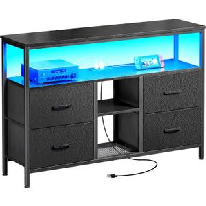 Huuger TV Stand Dresser with Power Outlets and LED Lights, 4 Drawers Entertainment Center with Open Shelf, Media Console for 50 43 Inch TV, Dresser with PU Finish, Black