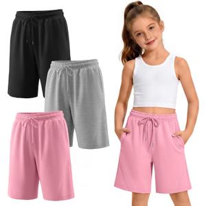 3 Pack Girls' Bermuda Long Shorts 5-14Y | Bermuda Shorts, Athletic, Long Short, Drawstring, Sweatshorts Pocket, for Summer, Casual, for Girls, Kids, Teen, 5-14Y