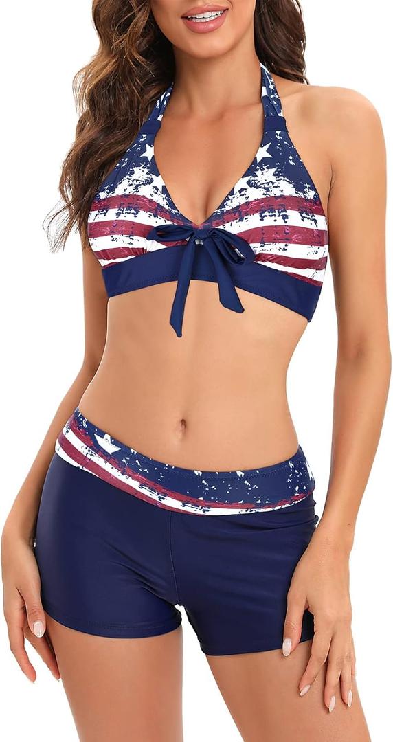 Century Star Women Two Piece Swimsuit Athletic Bathing Suits for Women Ruffled Tummy Control High Waisted Swimsuits (10-12, C American Flag Print)