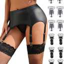 Ohyeahlady Womens Faux Leather Garter Belt with 6 Strap Metal Clip Suspender Sets for Thigh Highs with G-String Thongs, Size Large, Black